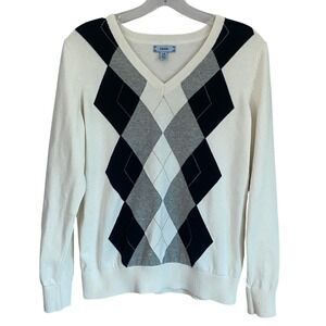 IZOD Womens Argyle V-Neck Sweater White Black Grey 100 Cotton Long Sleeve L